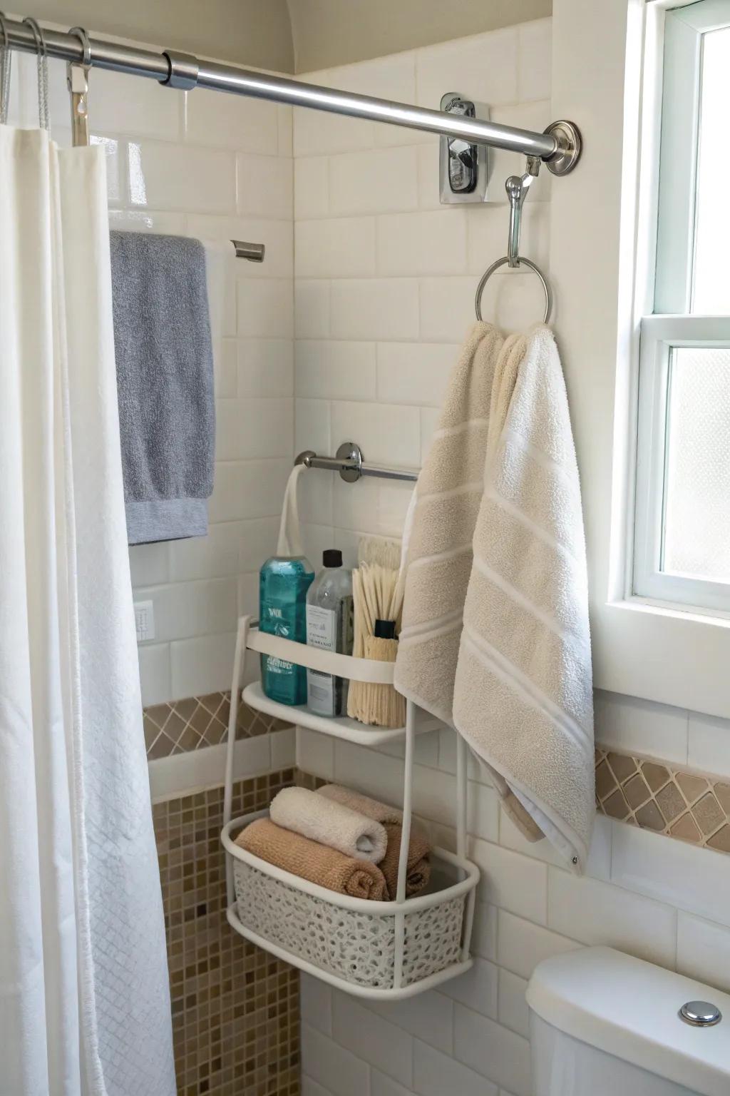 A secondary shower rod delivers extra storage within immediate reach.