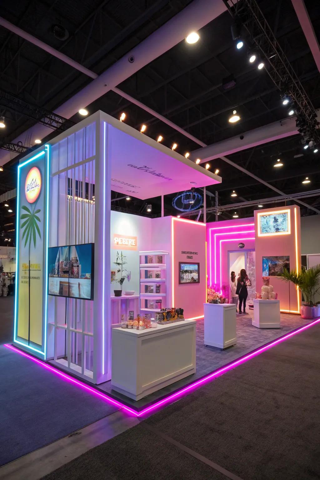 Neon accents that add a vibrant and nostalgic glow to the trade show booth.