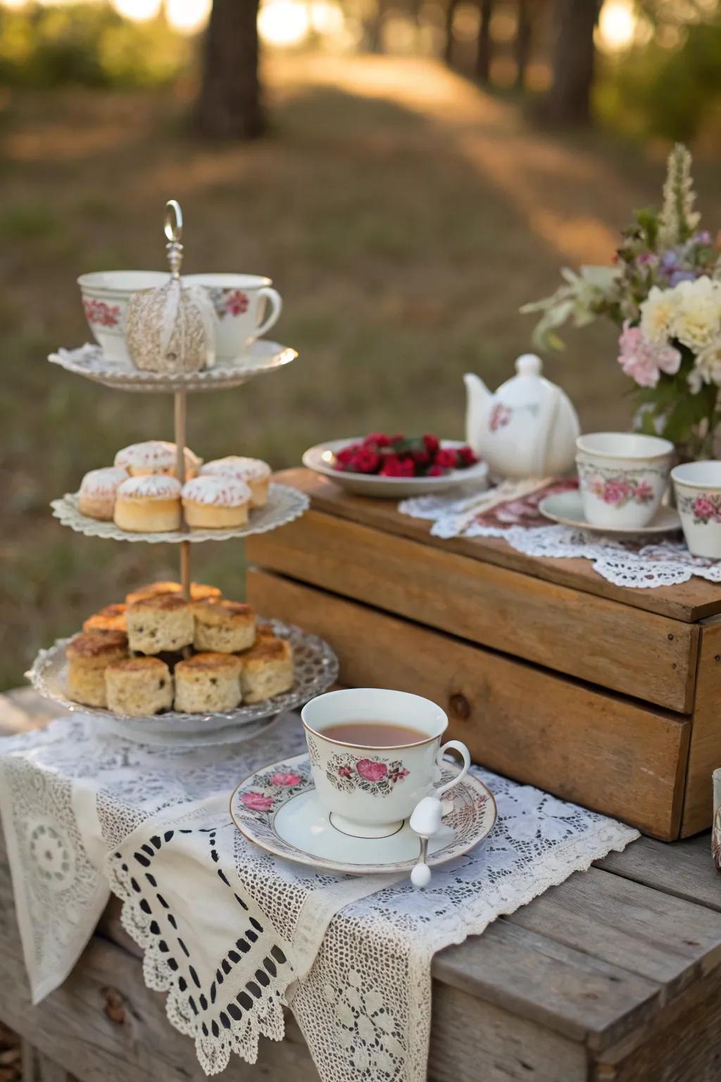 Timeless beverage party arrangement with teacups and shortcakes.