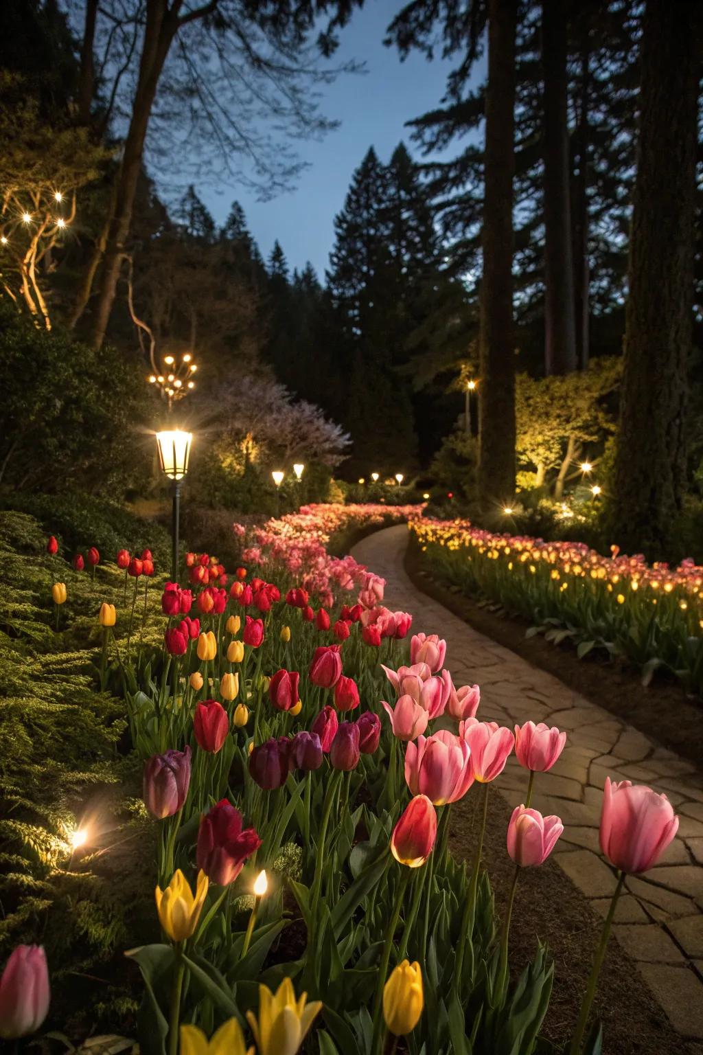 Magical nights: Tulips illuminated softly after dark.