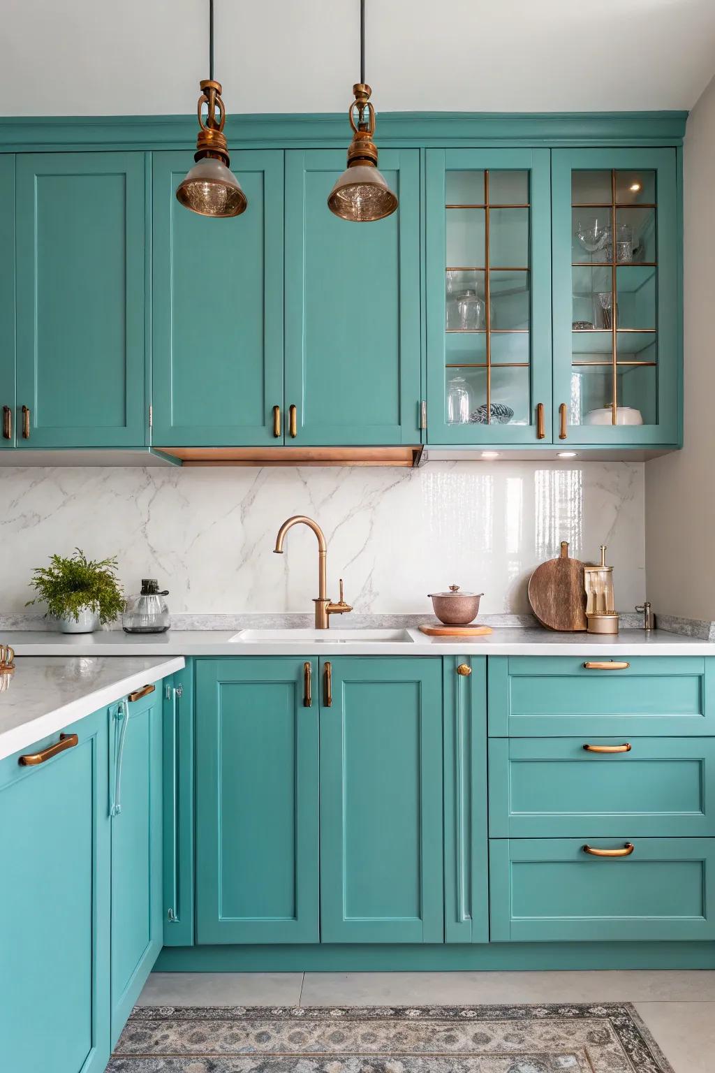 Bronze accents enhancing the elegance of a turquoise kitchen.