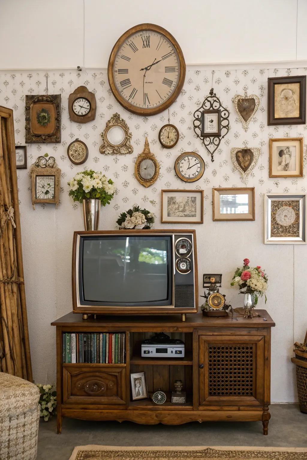 Vintage elements enrich this TV wall with charm.