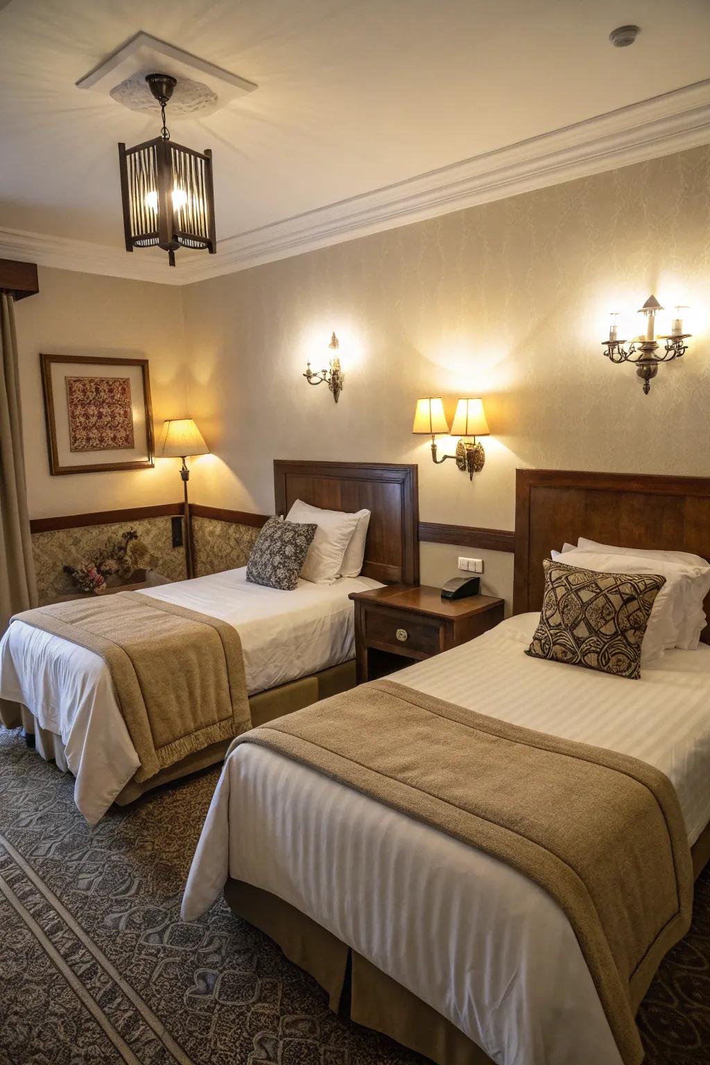 Layered illumination enhances ambiance and practicality in twin bed rooms.