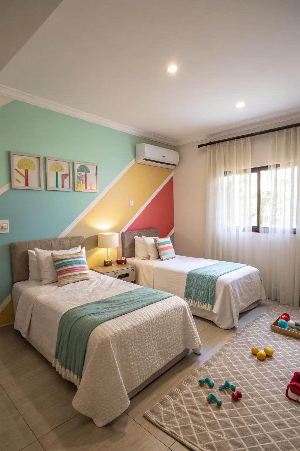 The shared room is brought to life by creative paint and wallpaper.