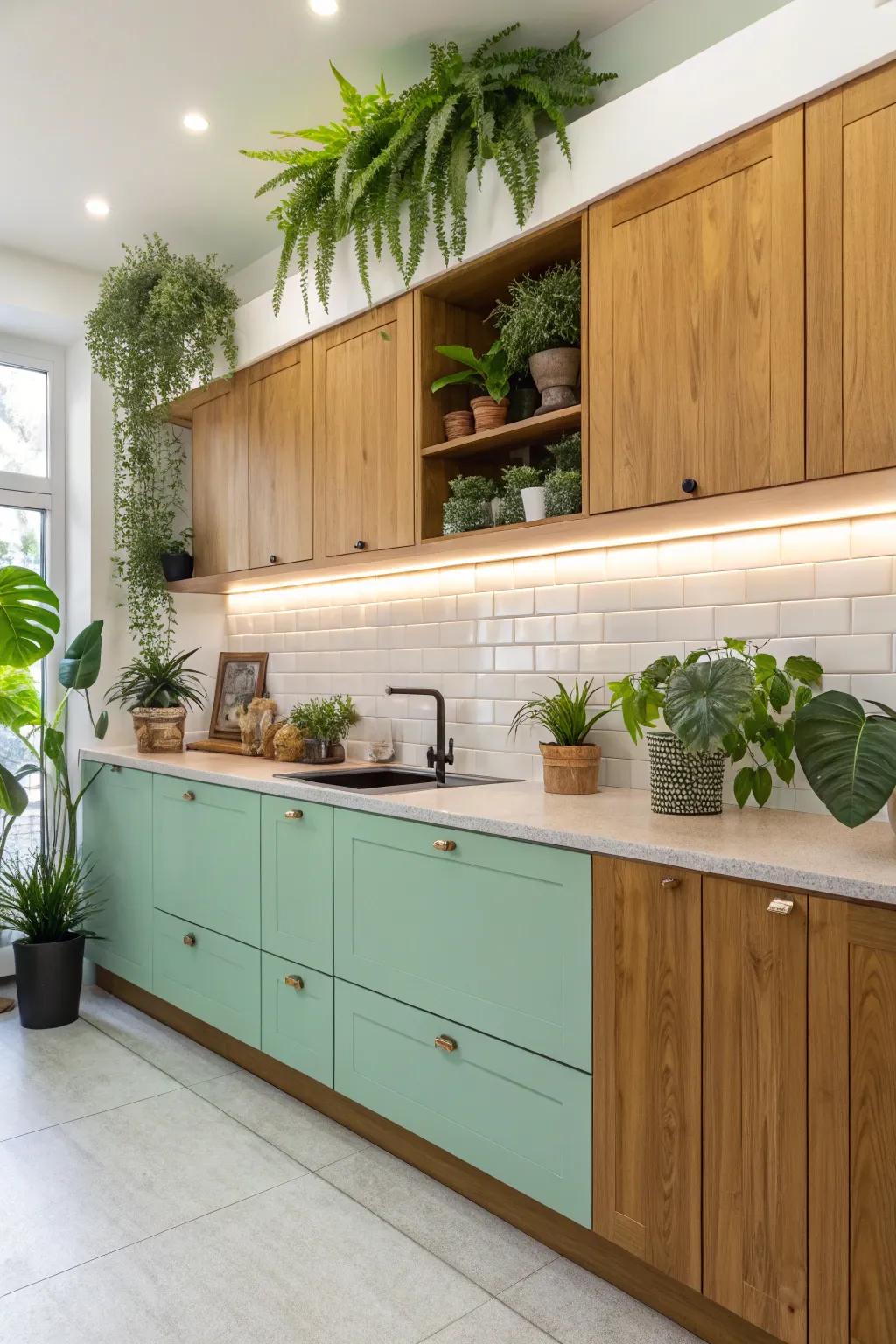 A fresh spearmint and timber kitchen that invites tranquility.