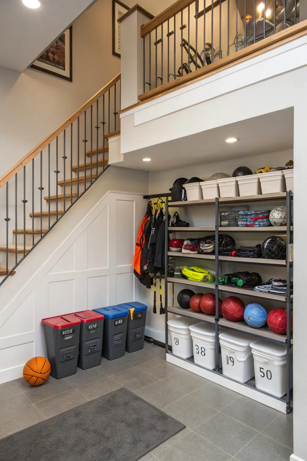 A sports equipment locker beneath the staircase for athletic families.
