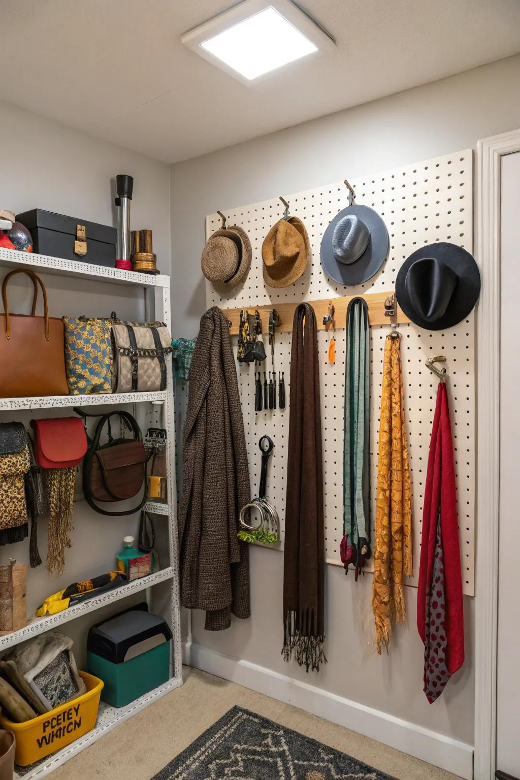Pegboards offer flexible and visible storage options.