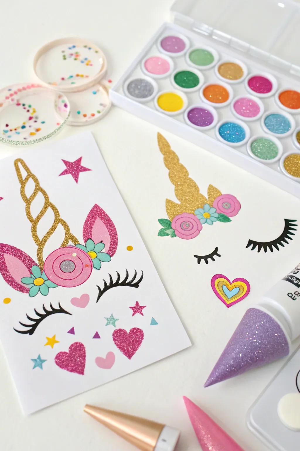 Imaginative unicorn face sticker units for customized fun.