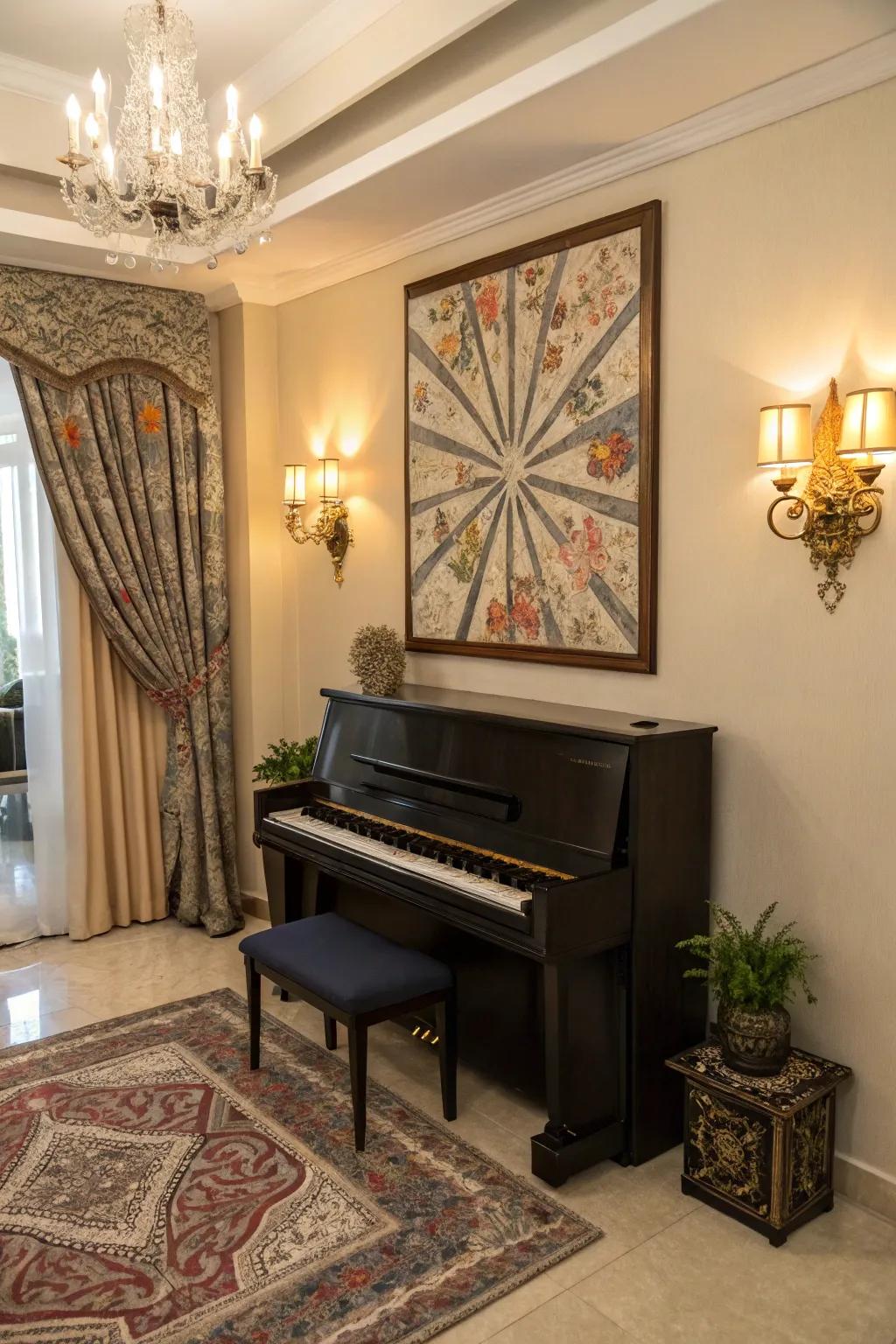 Create a statement with daring wall decoration that highlights your piano.