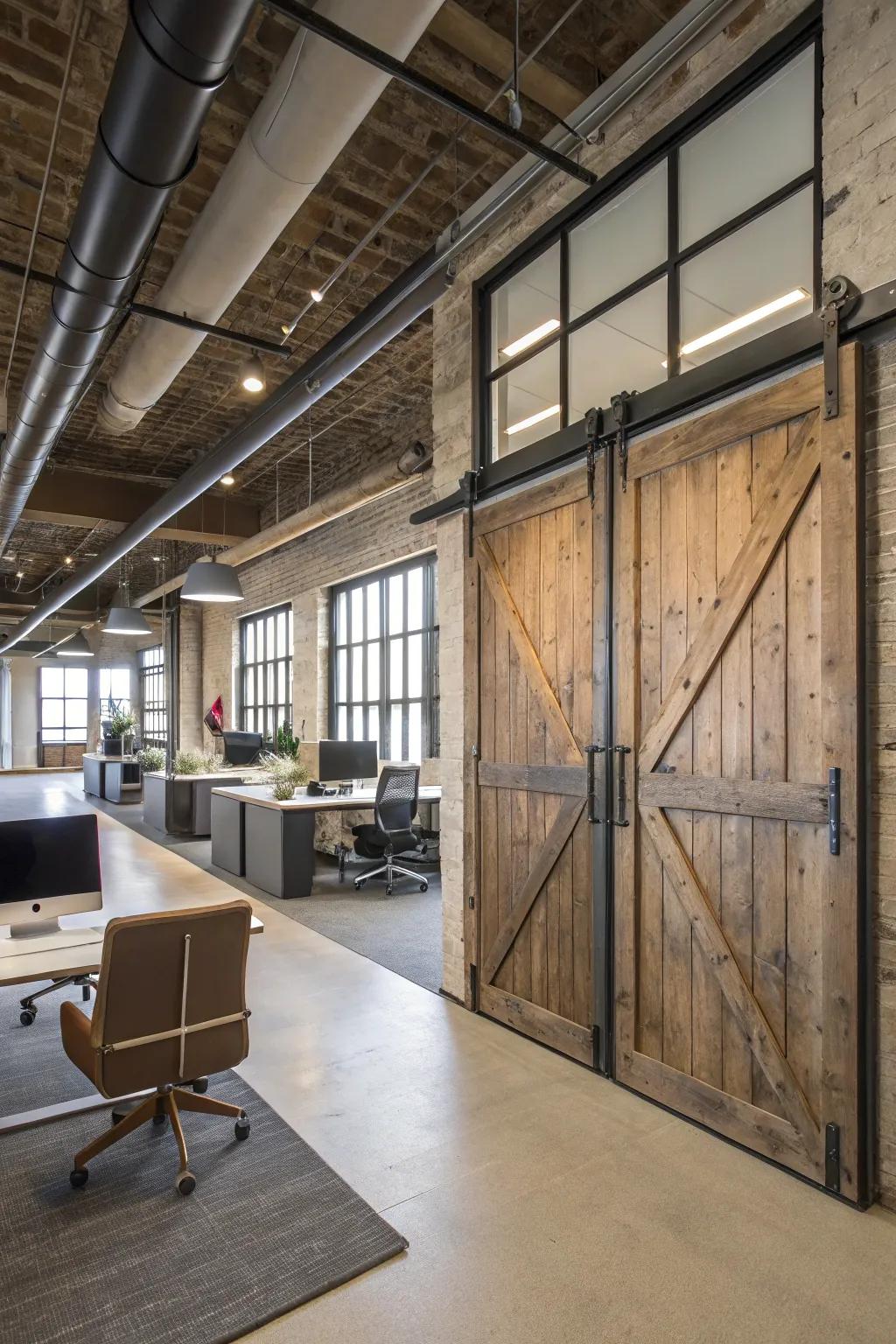 Sliding rustic doors provide stylish and functional space division.
