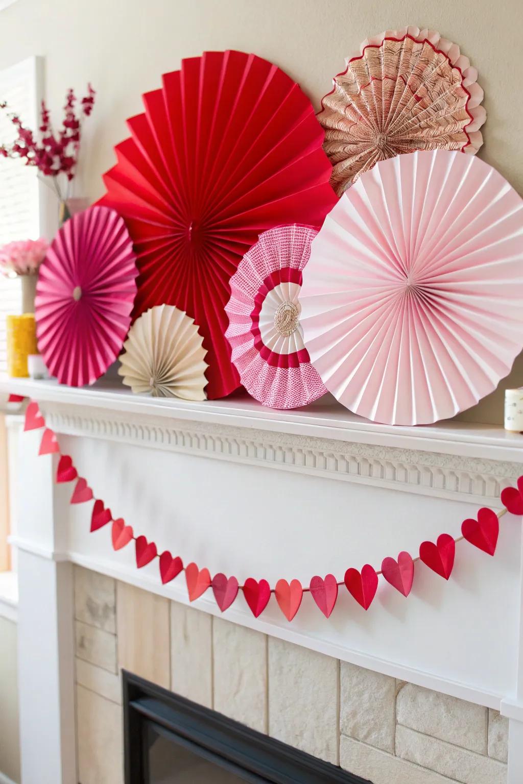 Fanciful paper swirls append color and dimension to the mantel.