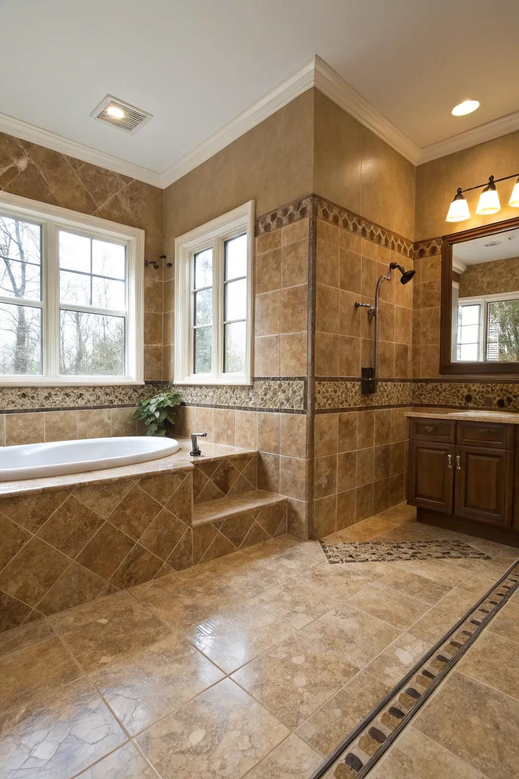 Travertine highlights contribute a sophisticated touch to brown tiles.