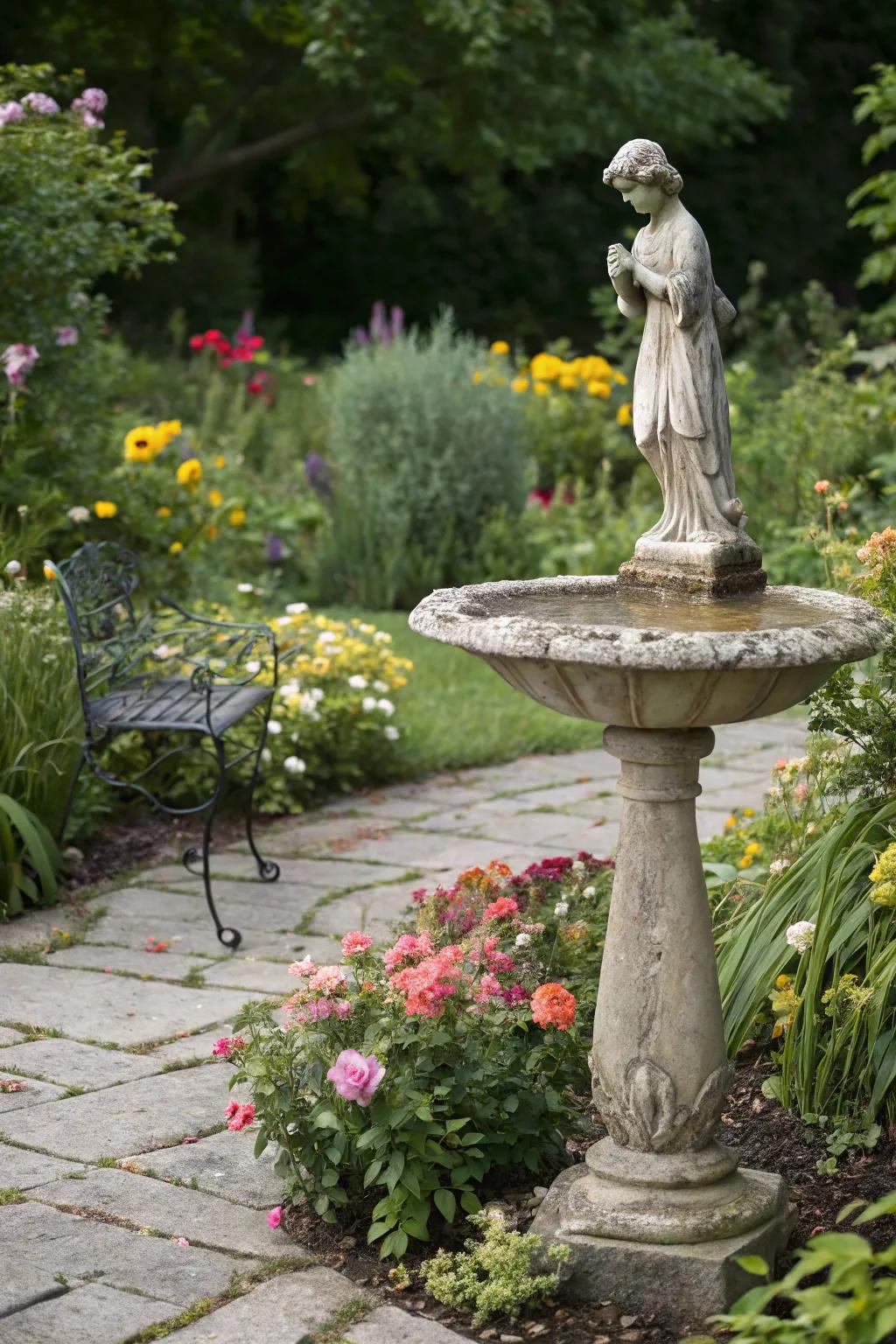 Statuettes and avian baths lend a sophisticated aura to gardens.
