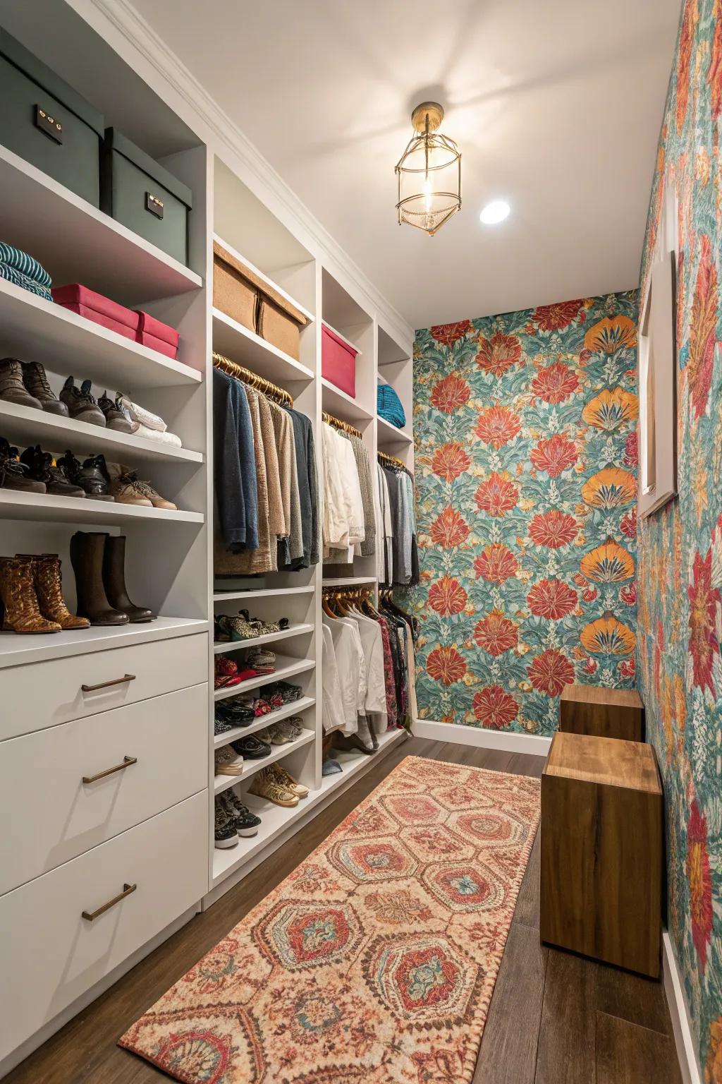 Visuals within wallpaper and rugs contribute depth and interest within the area.