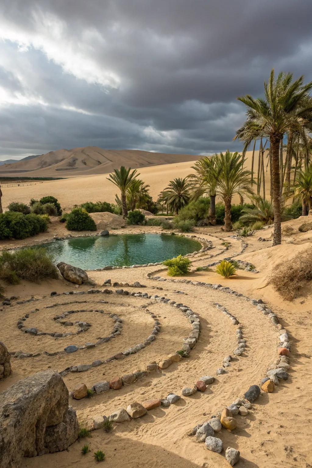 A sand and stone labyrinth evokes the peacefulness of a desert retreat.