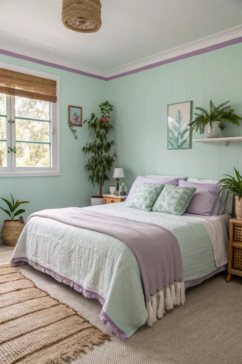 Refreshing and calming with seafoam walls and wisteria trim.