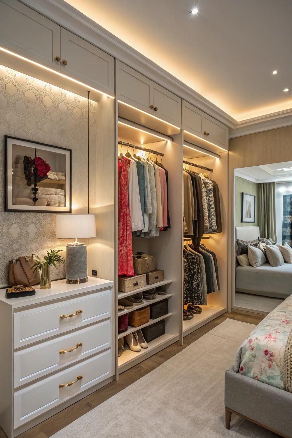 Emphasize lighting enriches the drama inside wall closets.