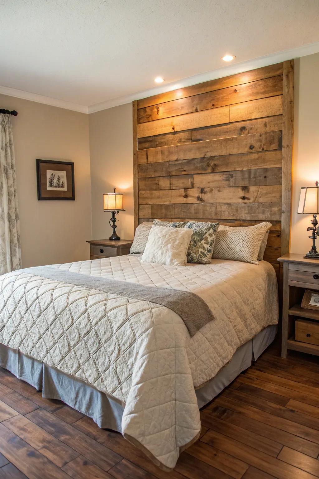 Reclaimed timber panels introduce both rustic appeal and sustainability.