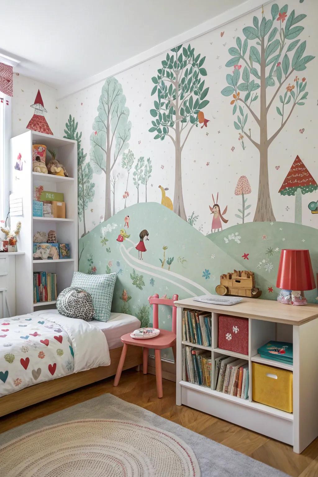 Whimsical wallpaper turns a child's room into a magical wonderland.