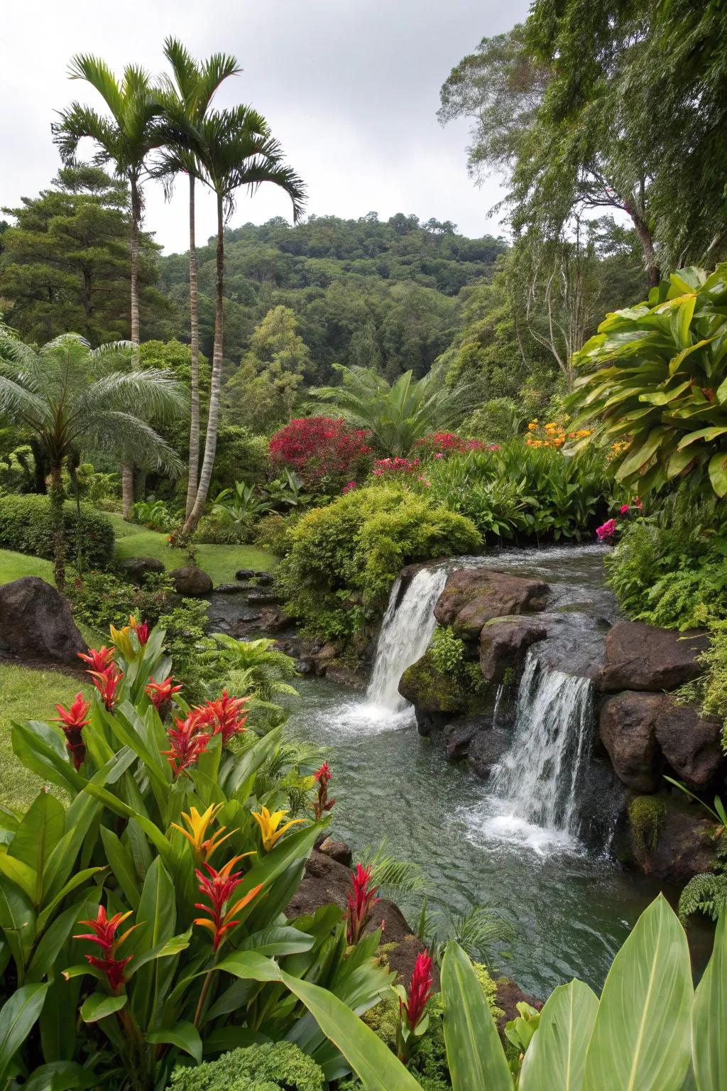 A waterfall elevates the tropical vibes of a vibrant garden.