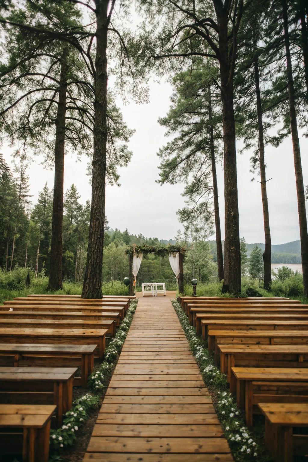 A rustic wooden plank walkway integrates smoothly into nature.