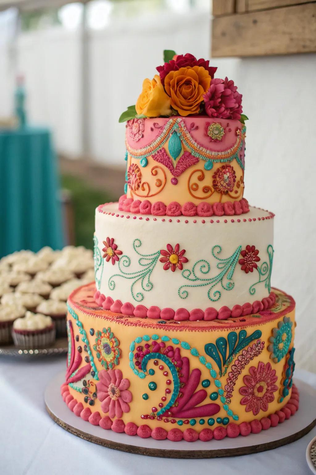 A wedding cake that showcases vibrant, maximalist colors to create a joyful centerpiece.