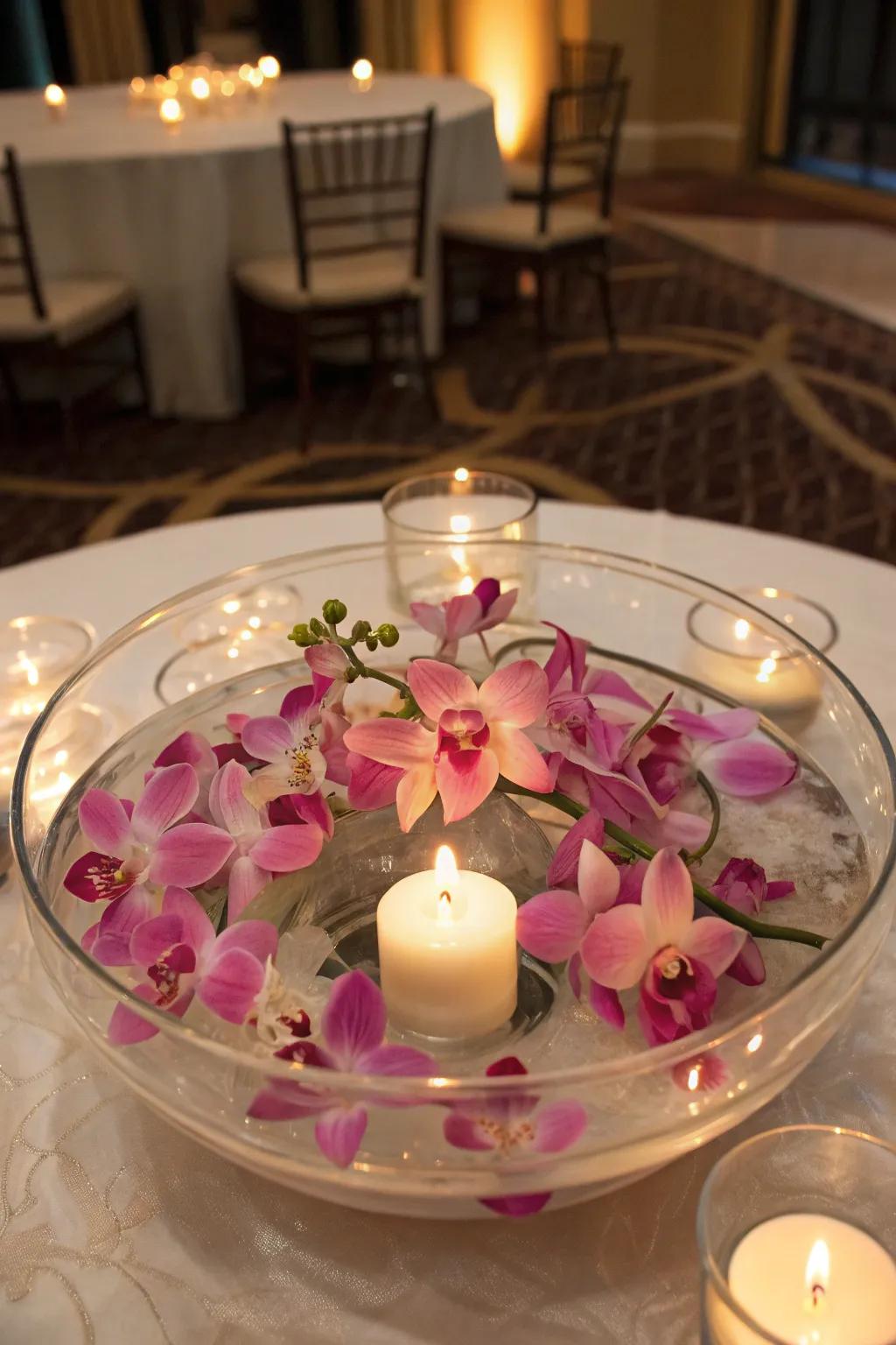Suspended flower centerpiece showcasing flameless candles and orchids