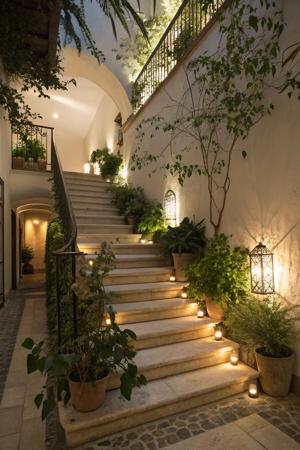 A garden walkway sensation brings the freshness of the outdoors to this stairway.