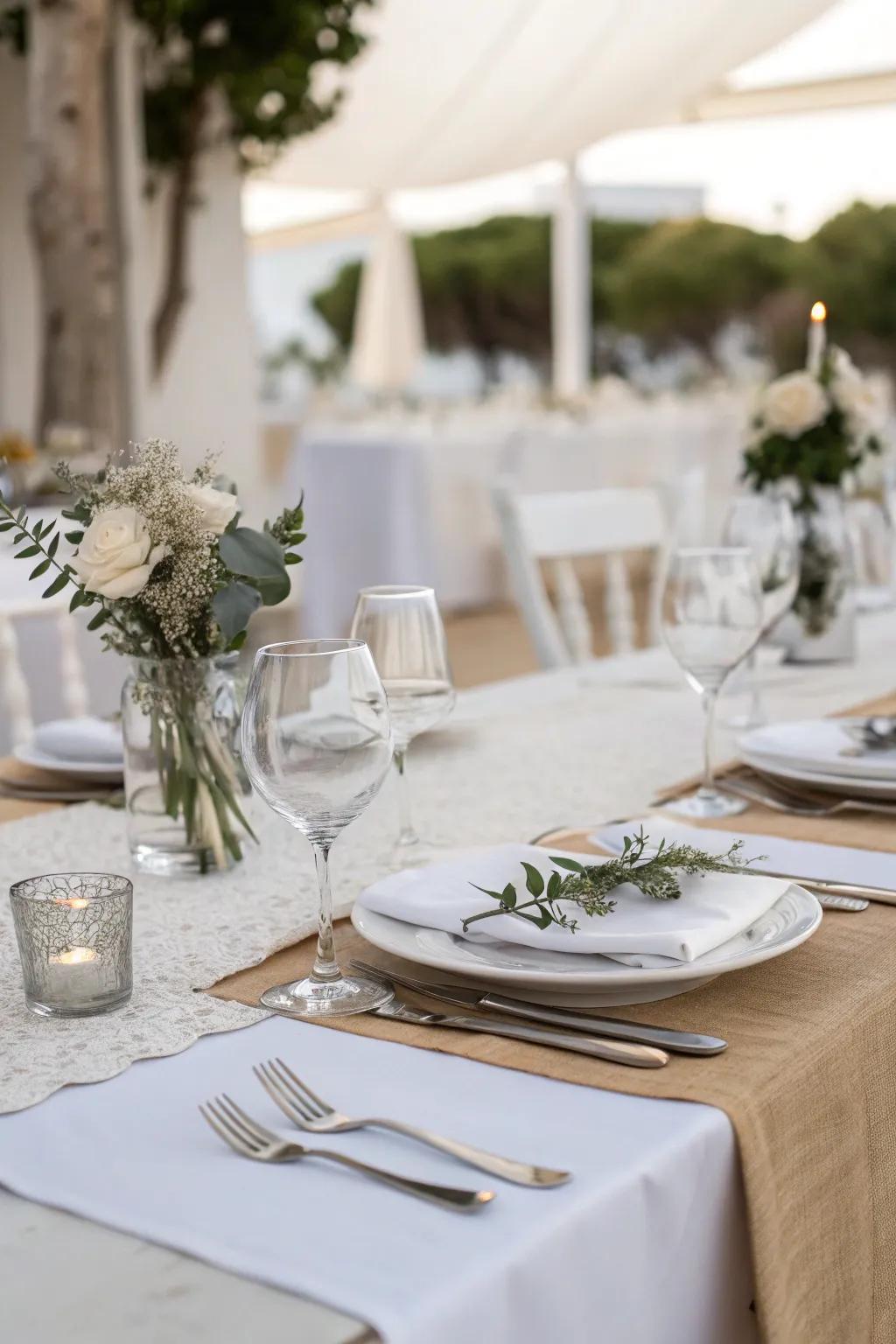 Minimalist grace fashions a contemporary and striking wedding table arrangement.