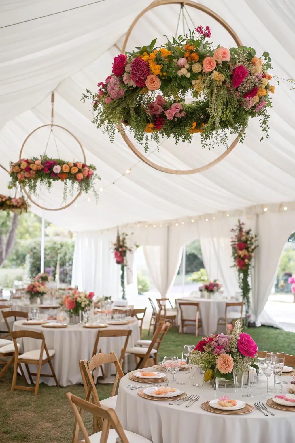 Blossom wreaths fashion arresting overhead draw points.