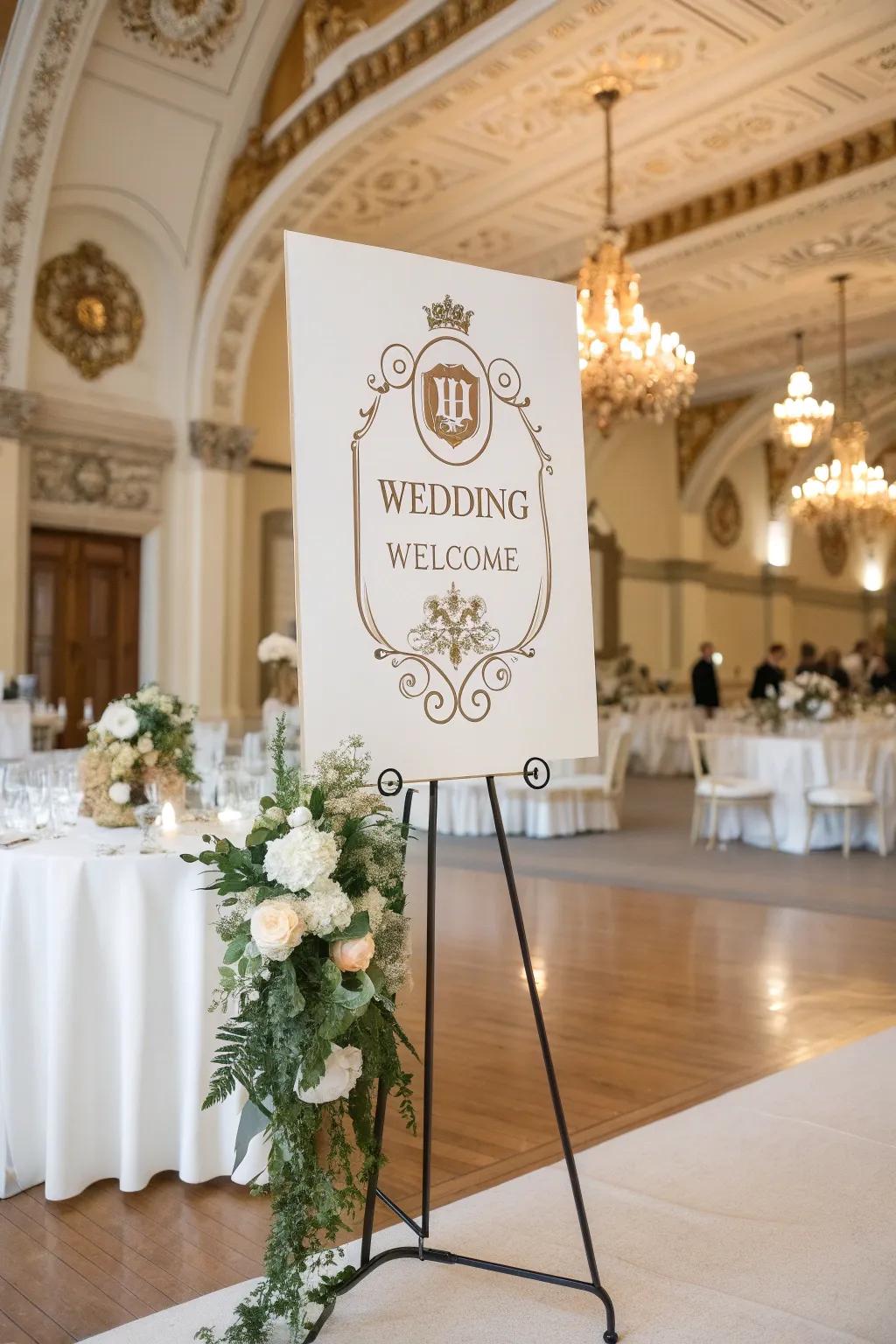 A personalized welcome sign featuring a custom crest, adding a regal touch to an elegant wedding.