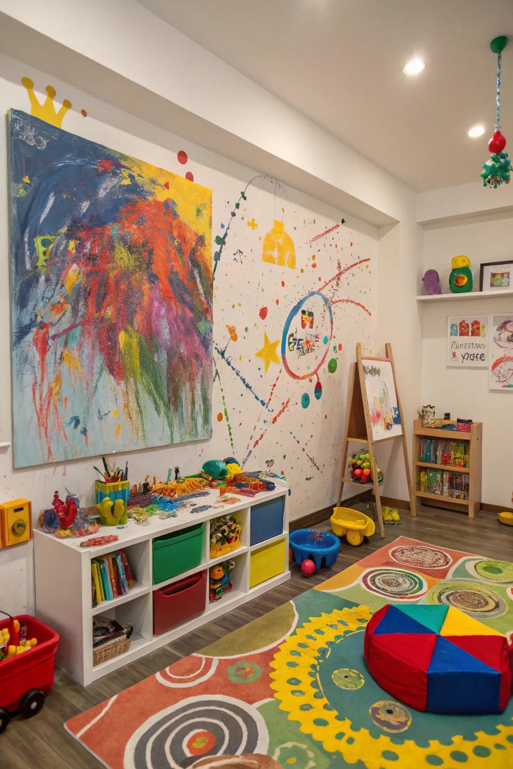 A multicolor riot art piece invigorating a bright playroom.