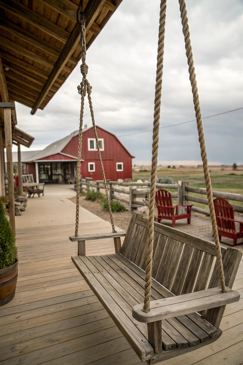 A swing adds fun and charm to the patio.