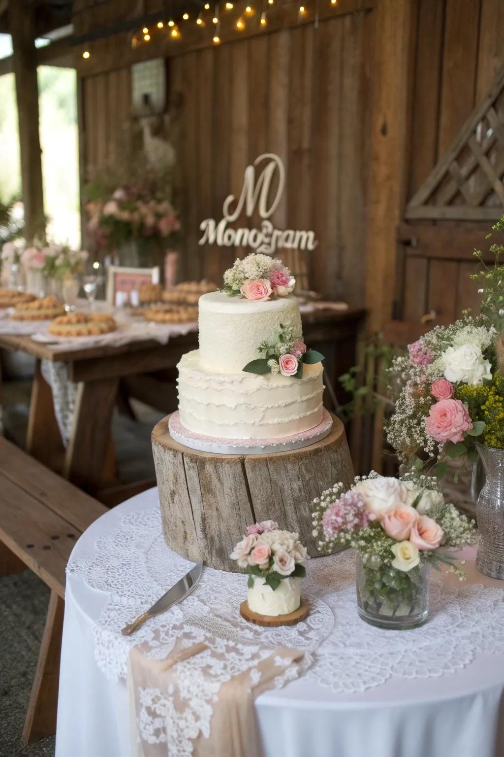 Cake crowned with an elegant monogram hallmark.