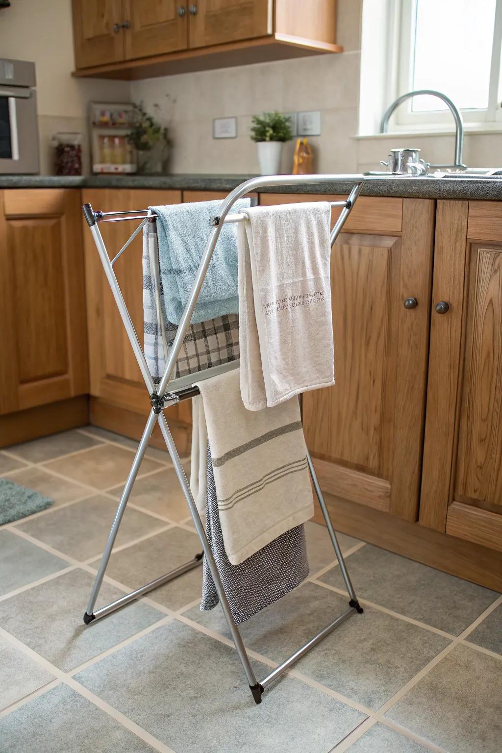 Opt for a deployable frame to relish adaptable and portable towel storage.