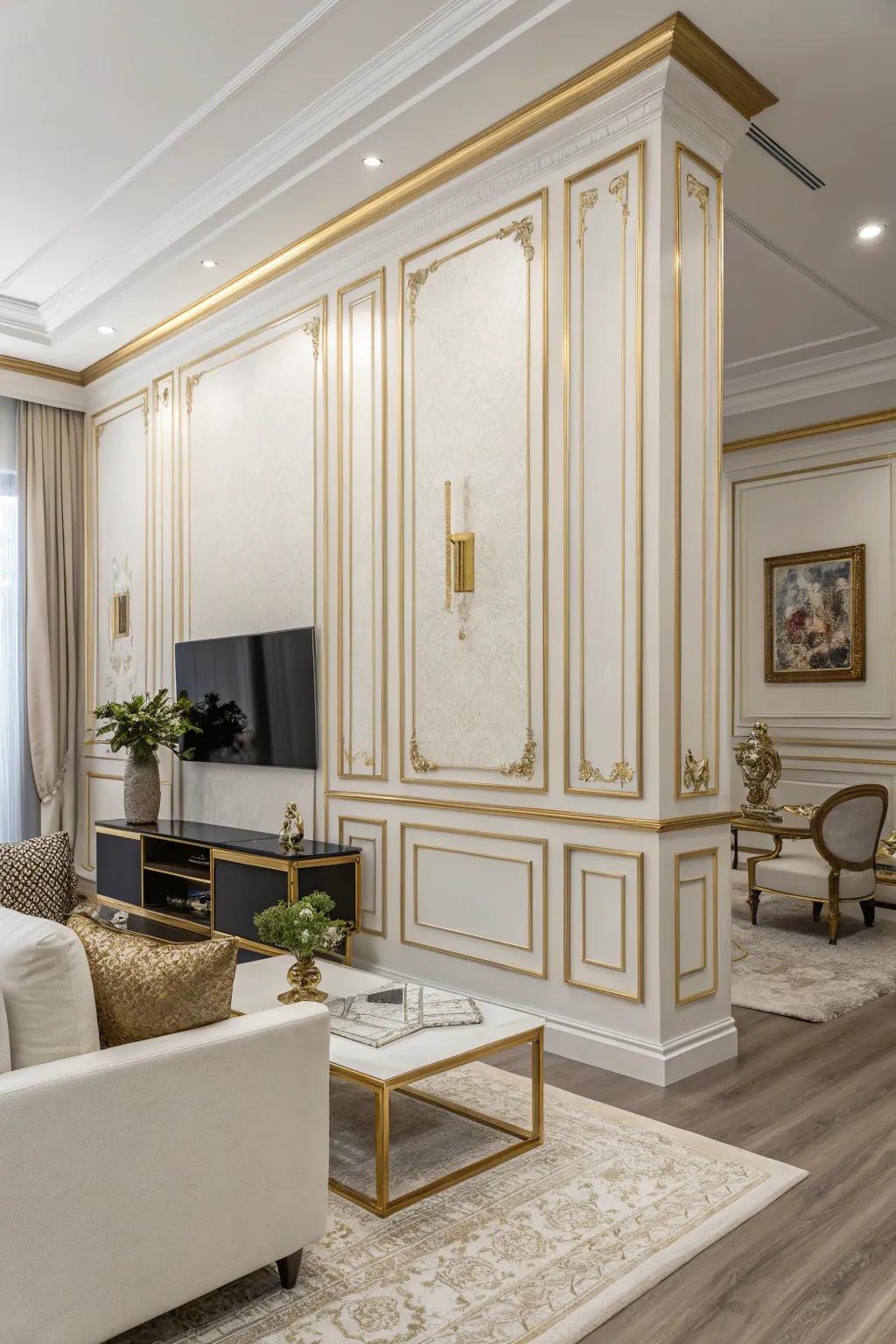 Ivory walls with gilded trim enhance building features.