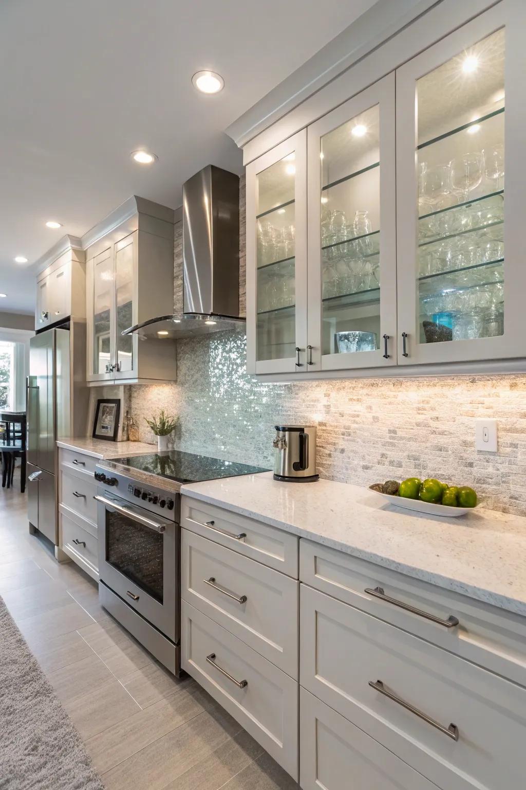 Elegant kitchen displaying a stone composite backsplash with glass accents.