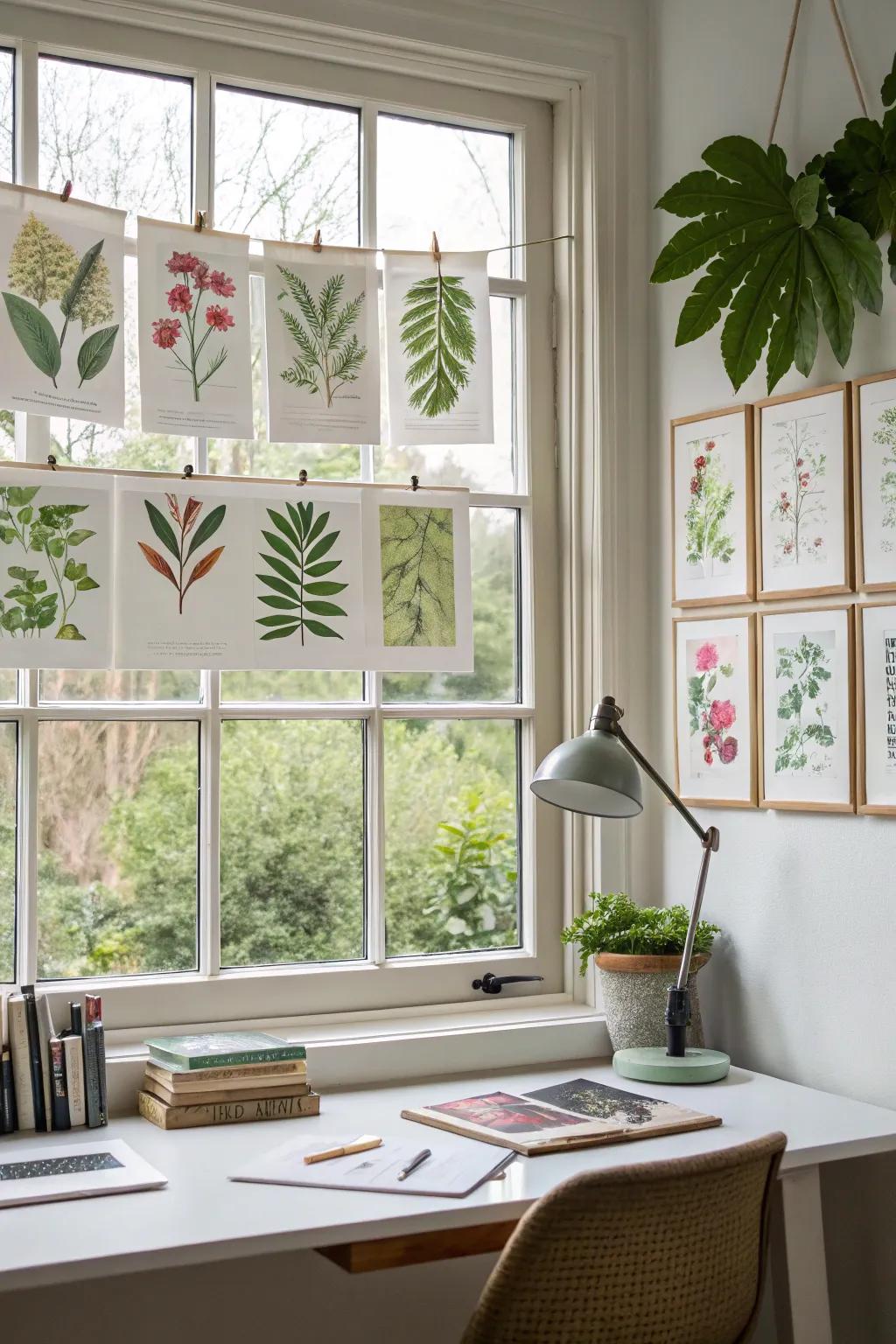 Vegetation prints in window structures fashion a serene setting.