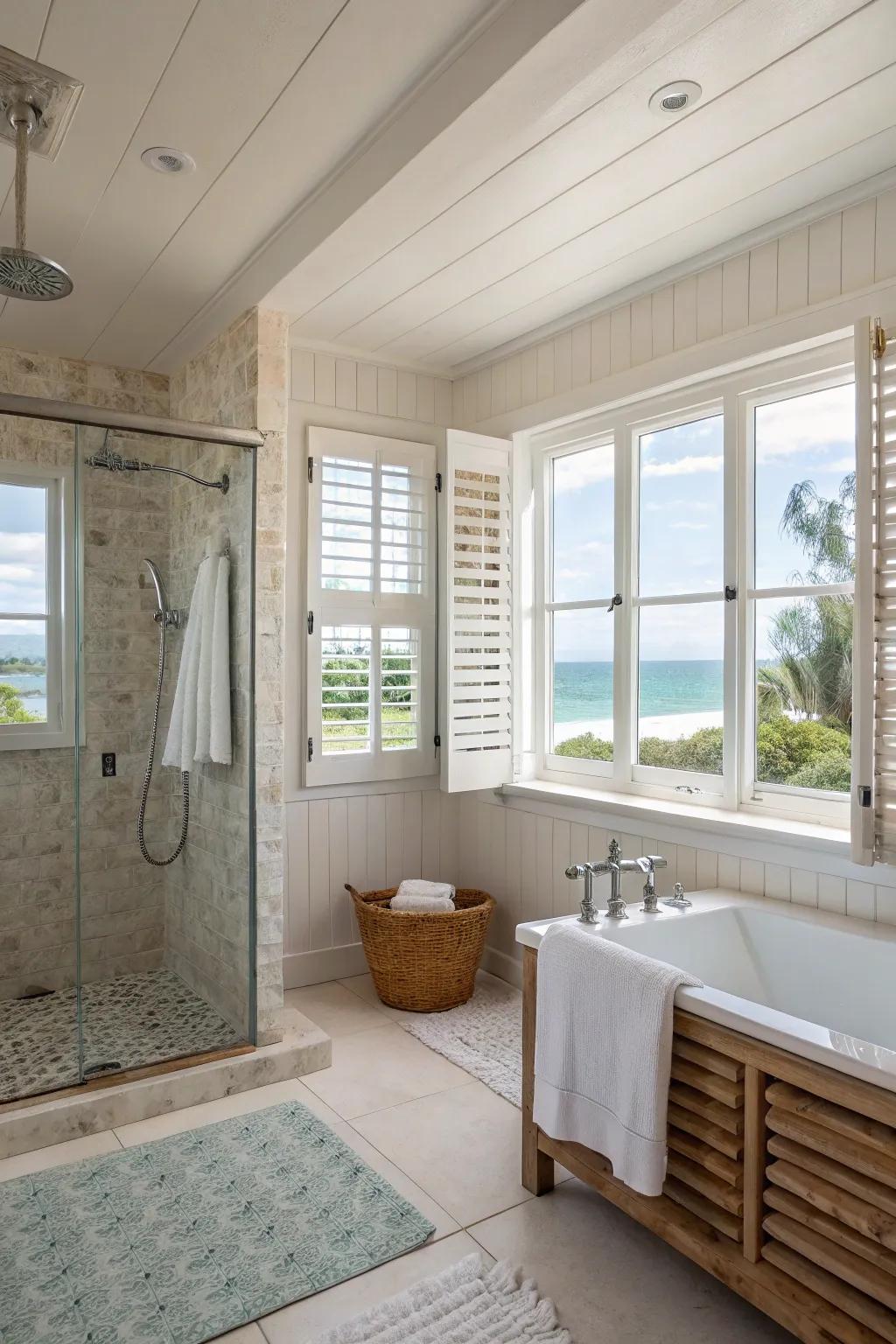Shutters render a shoreline atmosphere and adjustable light within the shower.
