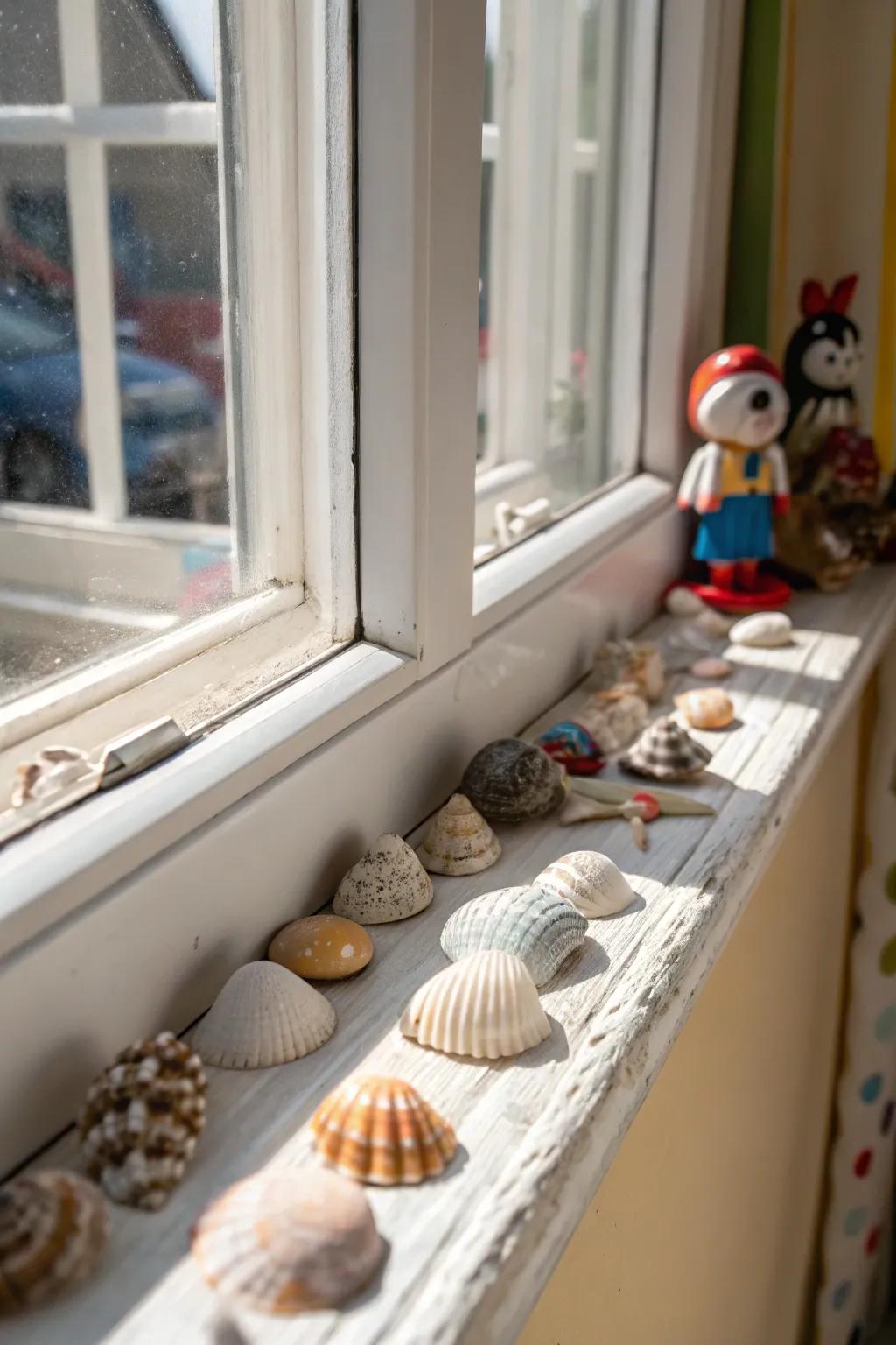 A personal collection of seashells and figurines on a windowsill.