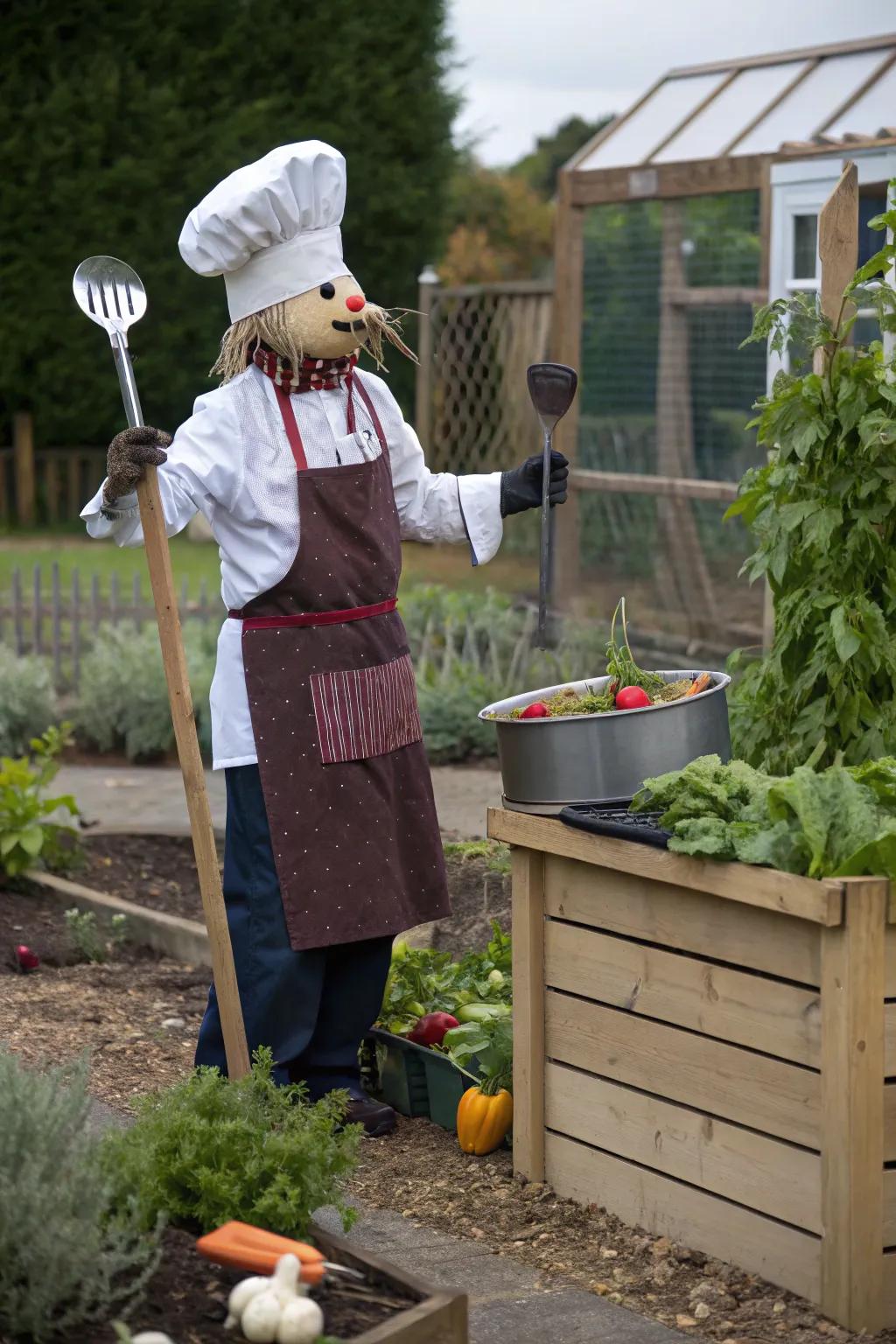 A chef of renown scarecrow concocting creativity.