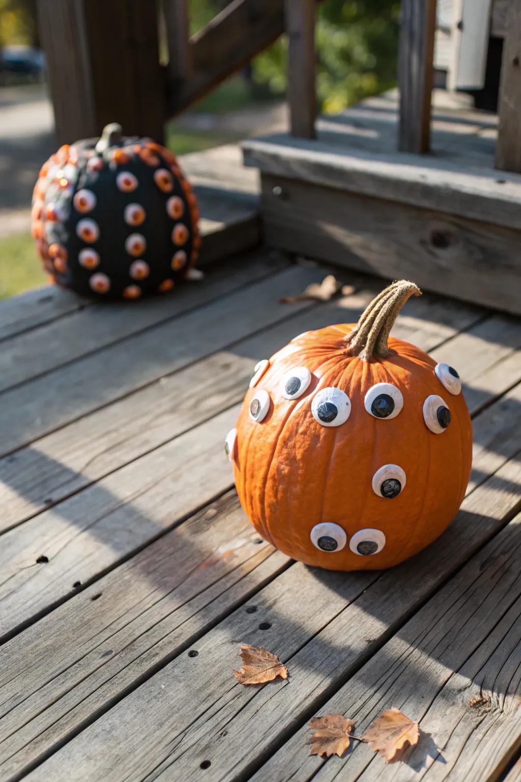 Jack-o'-lantern boasting eerie ocular embellishments.