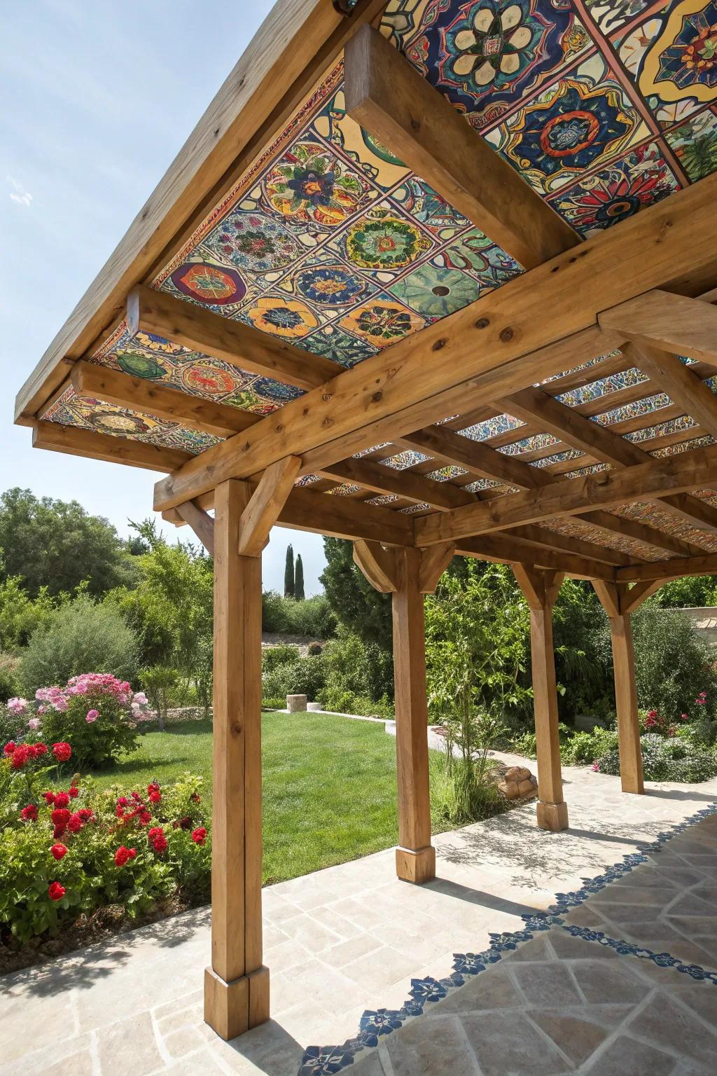 A vibrant mosaic roof adding artistic flair to a patio roof.