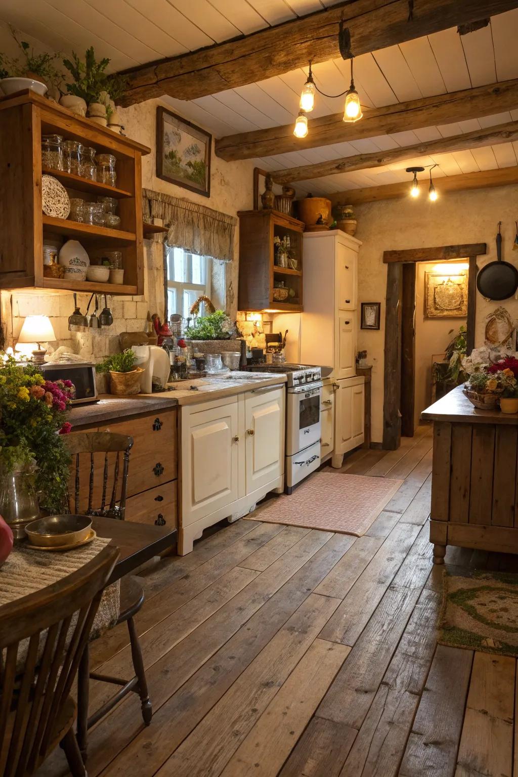 A rustic kitchen featuring random width wood planks for a natural charm.