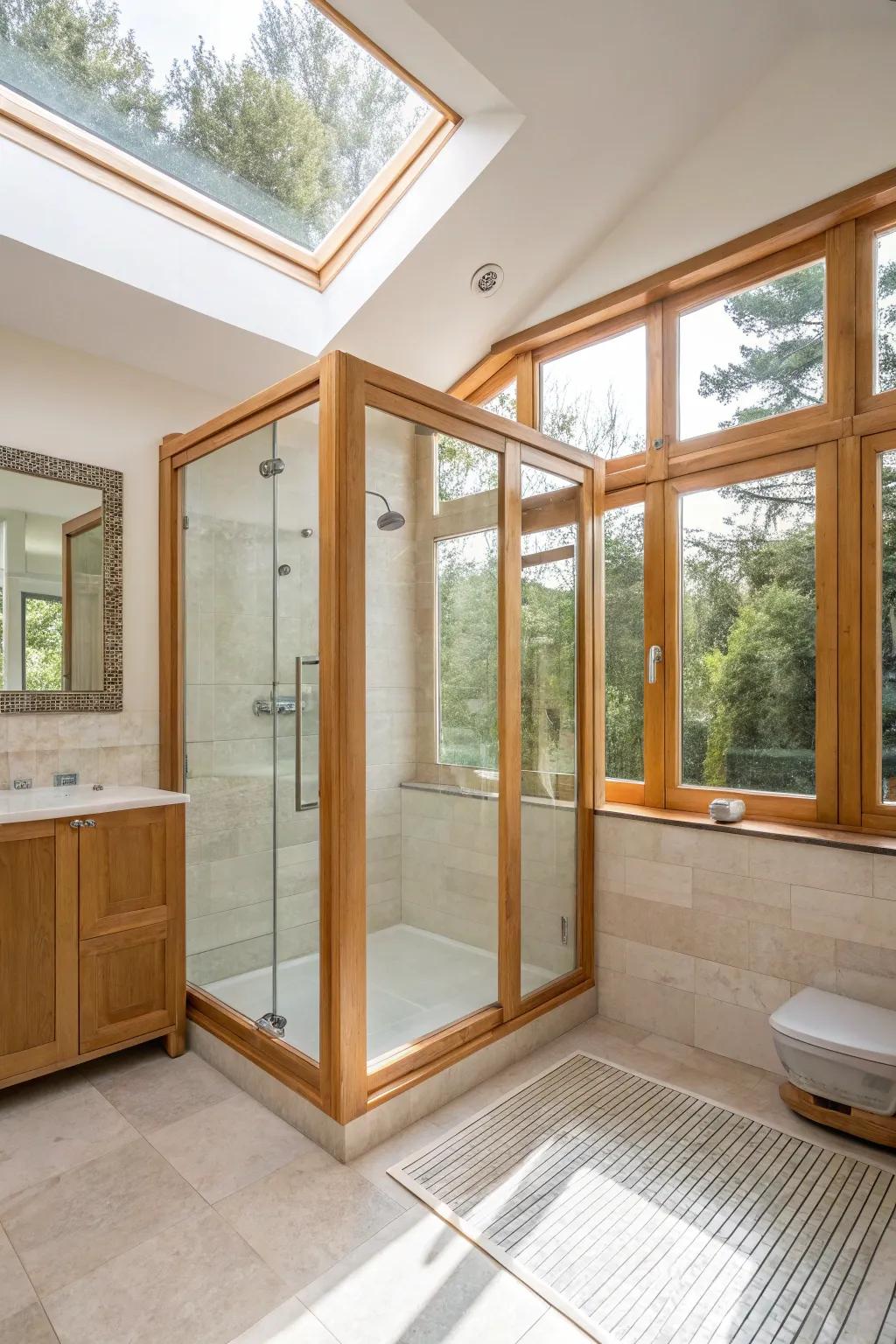Wood frames with clear glass enable natural light to flood the bathroom.