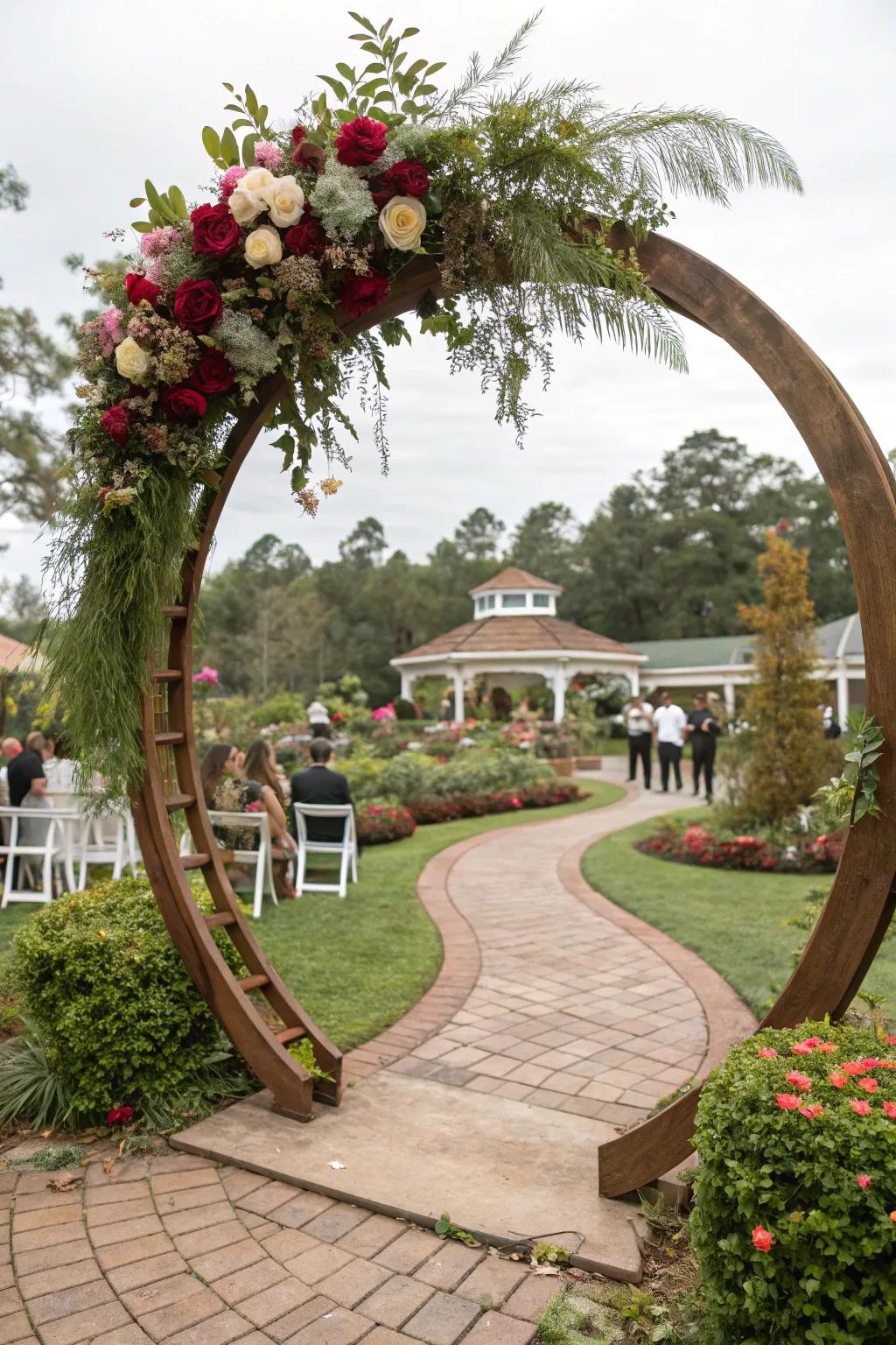 A circular timber arbor gifts a modern interpretation of traditional wedding arches.