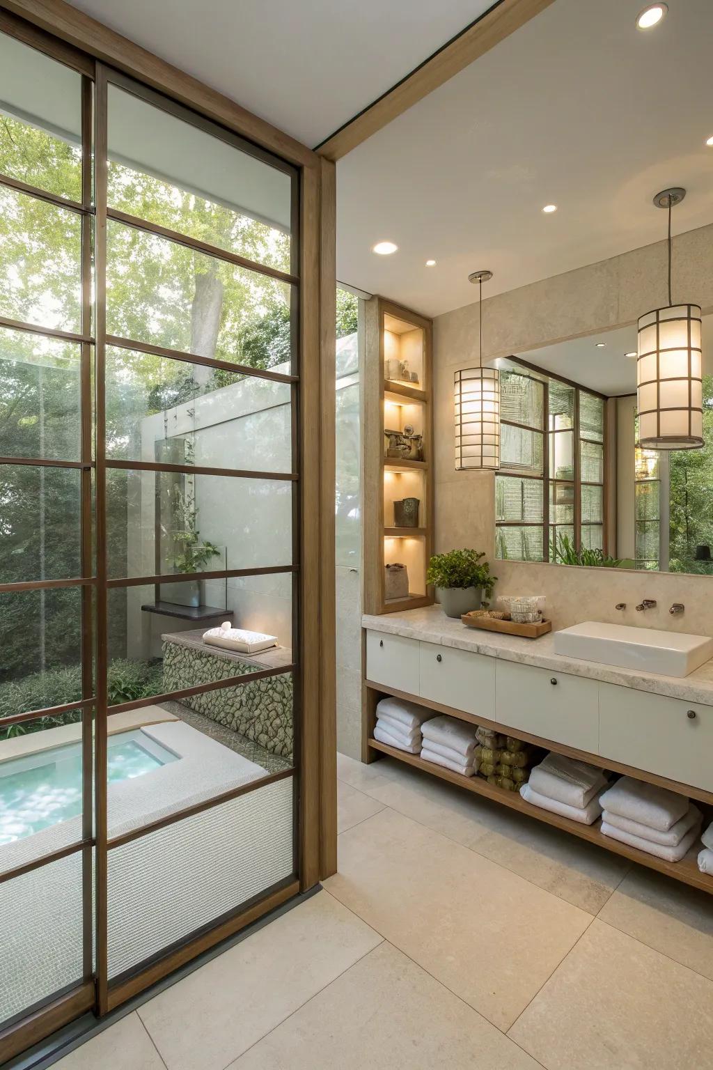 Glass components enhance the flow and clarity of a zen bathroom.