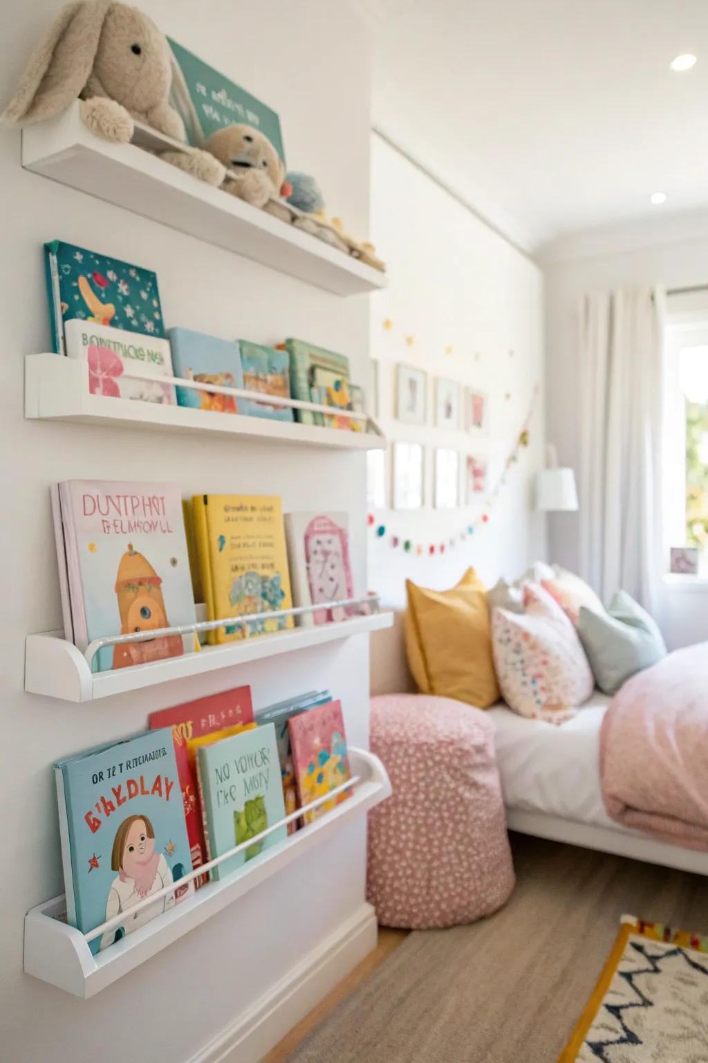 A miniature books showcase encourages reading and decorates the space.