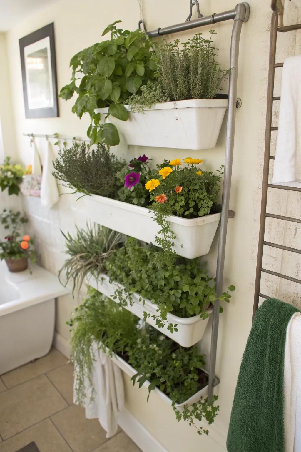 A shower caddy transformed into an attractive vertical planter.