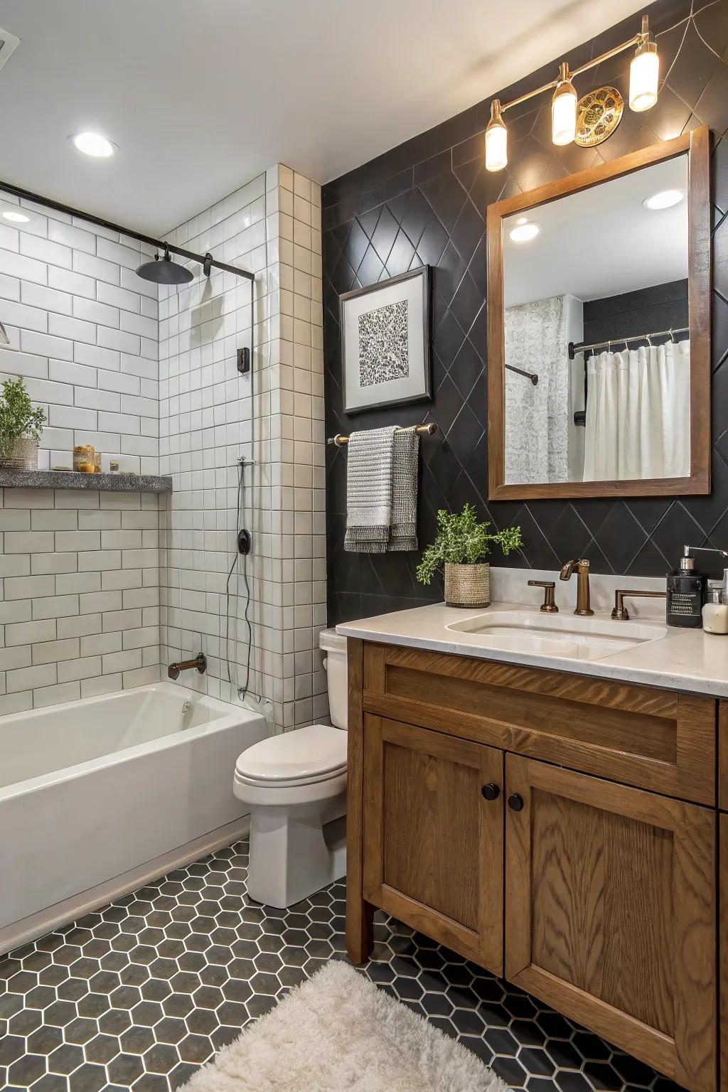 Material mixing adds sophistication and depth to a small bathroom.